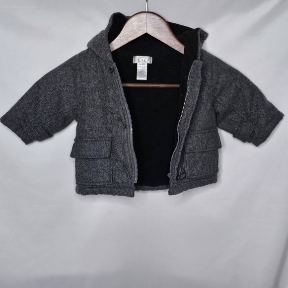 Baby Boy Infant Childrens Place Gray Wool Blend Zip Button Pea Coat Hooded 6-9M - Picture 3 of 6